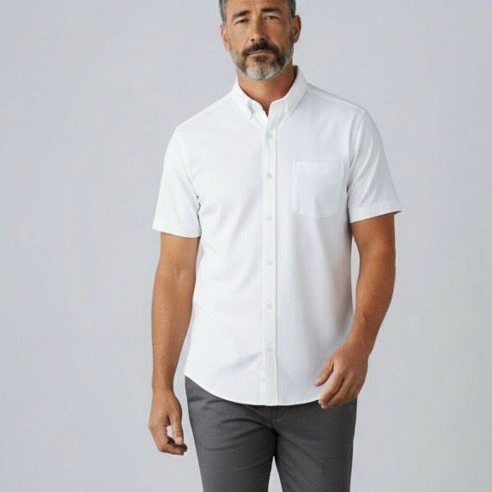 Cutter & Buck White Pique Knit Short Sleeve Button Down Shirt L Preppy Luxury